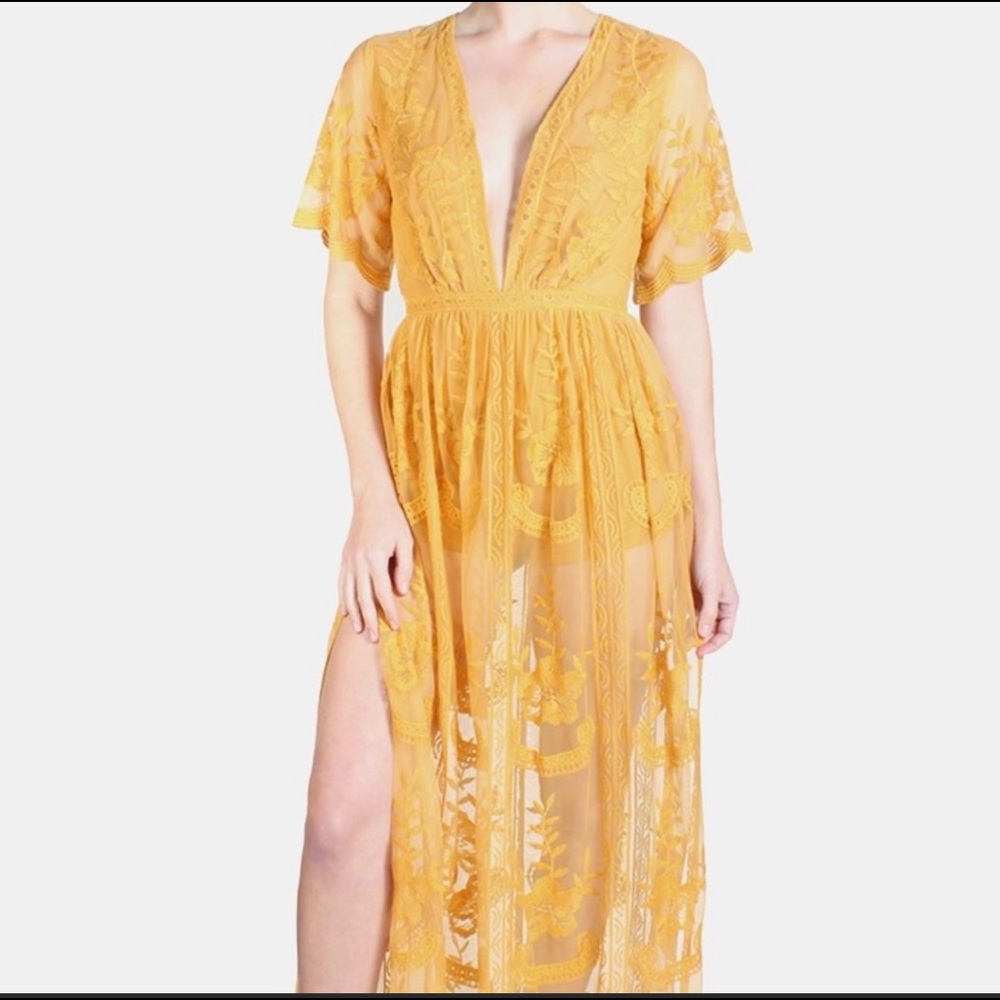 Honey Punch Yellow Lace Maxi Romper Dress 💛